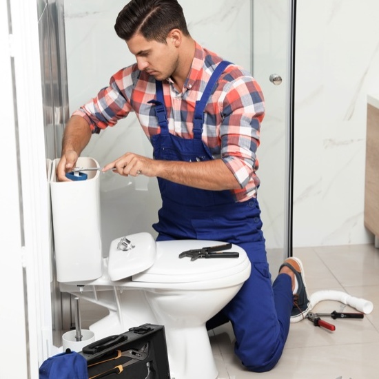 toilet repairman fixing a toilet in a bathroom